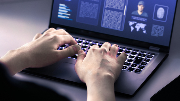 Police investigating with computer in the office. FBI or CIA. Digital research of evidence. Criminal justice report. Private detective using laptop to solve crime.